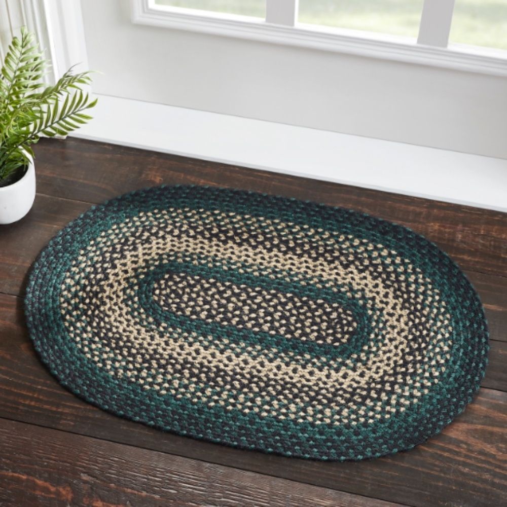 Farmhouse Jute Braided Oval Throw Rug Hunter Green Black Rustic Country Charm